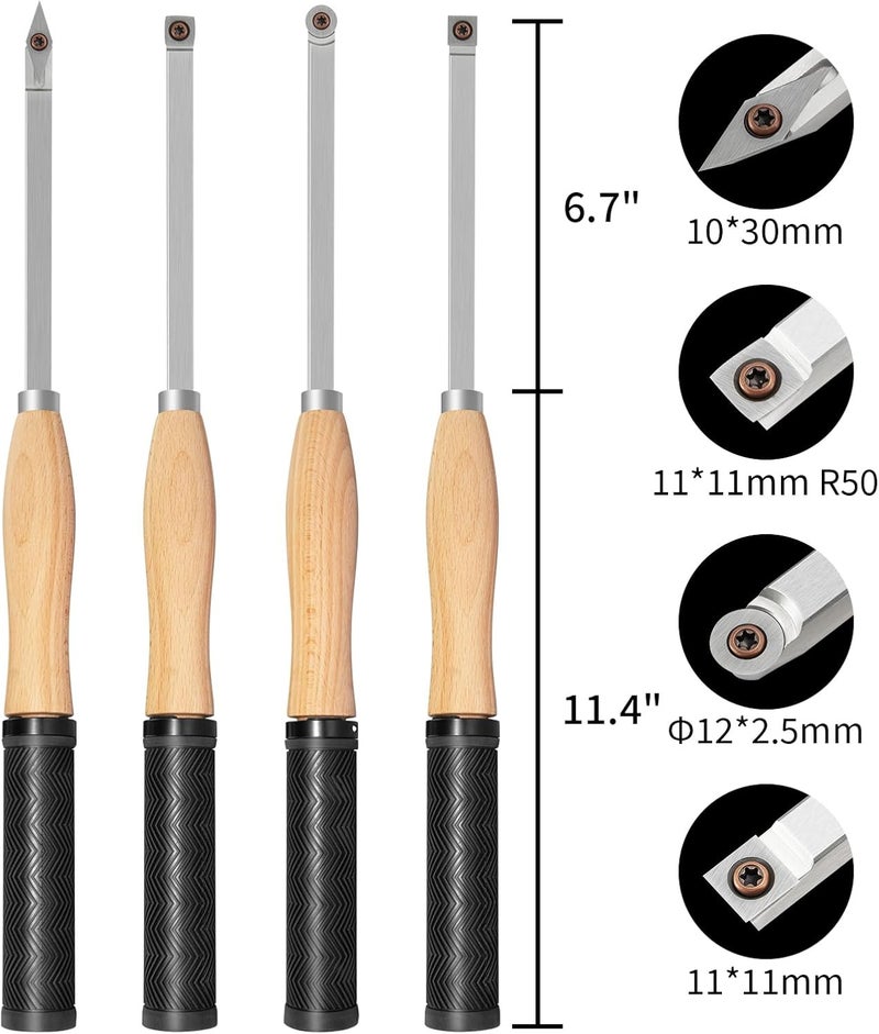 DEEFIINE 18.3" Full Size Carbide Tip Wood Lathe Turning Tool Kit, Lathe Roughing and Finishing Tool with Diamond Round Square Carbide Inserts for Woodturning （4pcs - Image 2